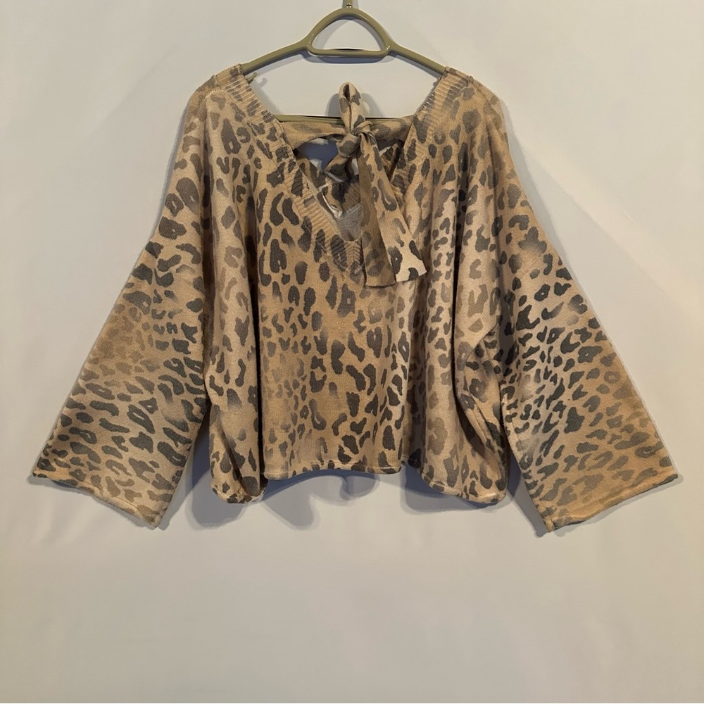 POL Leopard Print Off-the-Shoulder Sweater in Tan and Black - Picture 3 of 8